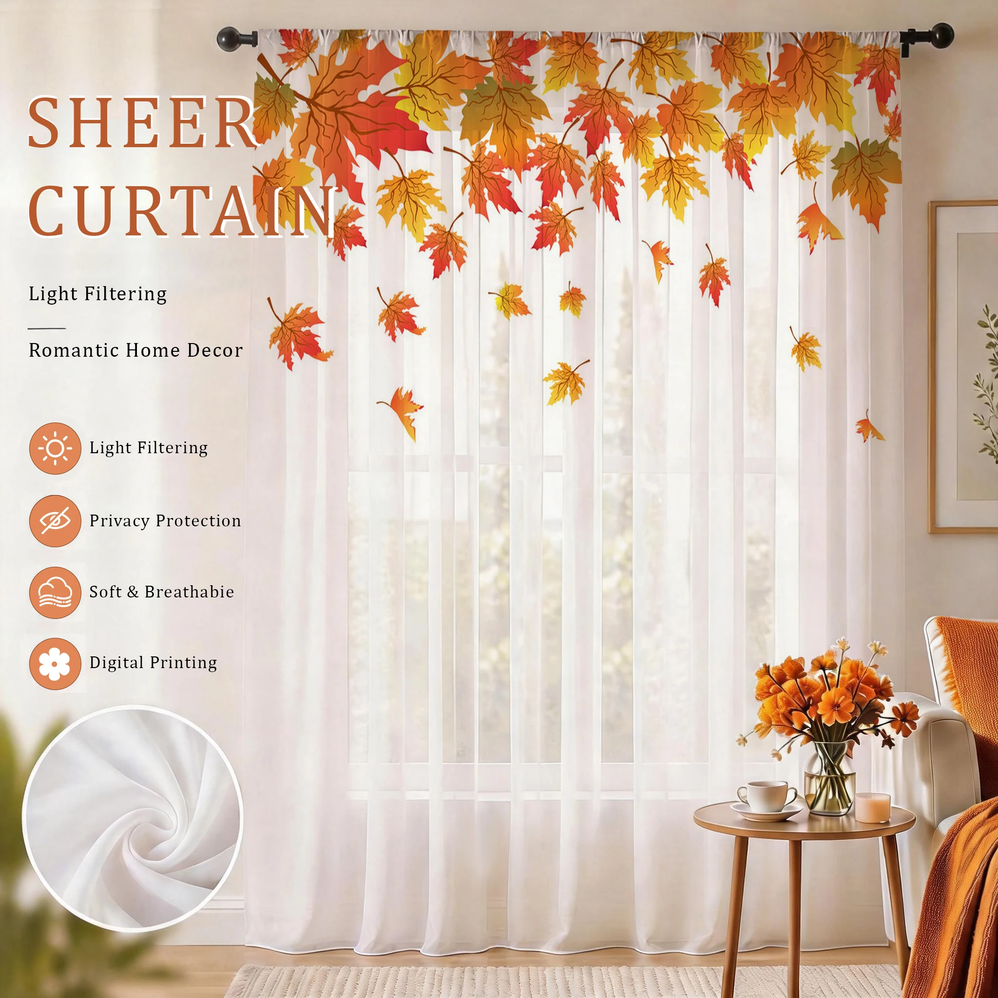 Home Office With Plants - Maple leaf Modern Gradient Sheer Curtain,