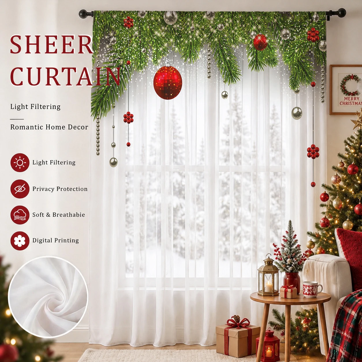 Home Office With Plants - Christmas Gradient Sheer Curtain, Good Quality