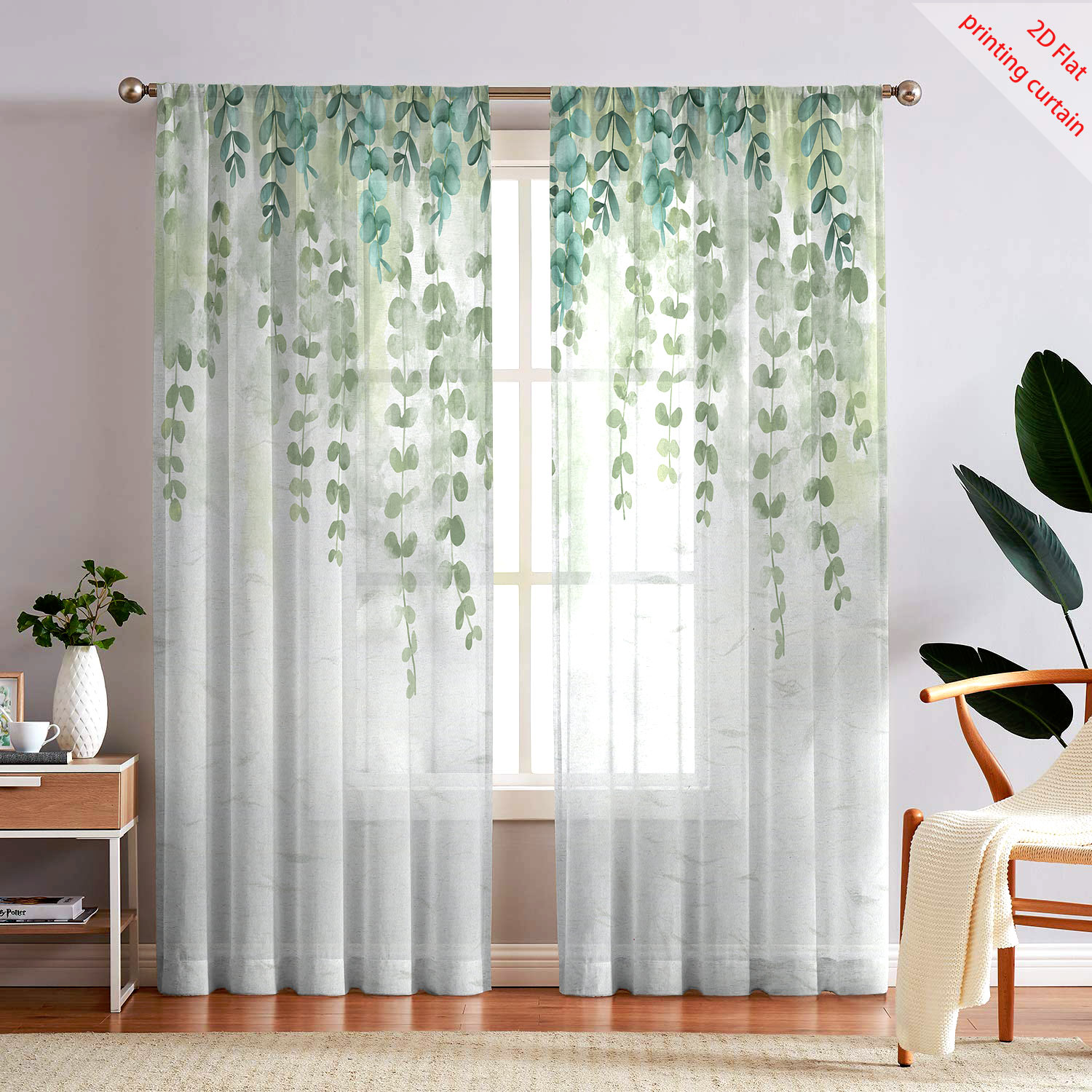 Home Office With Plants - Printed transparent gauze curtain with plant,