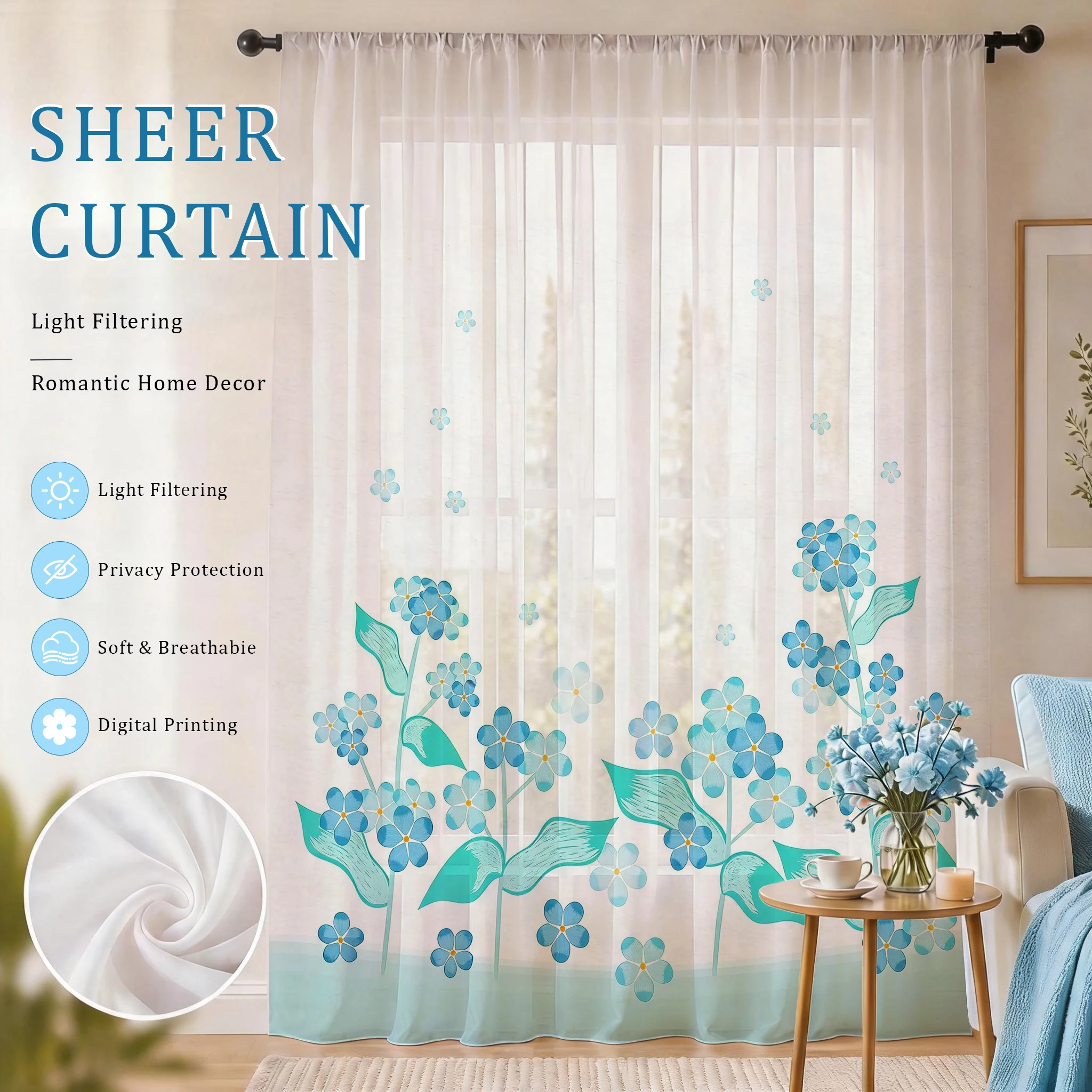 Home Office Rate - Light blue Modern Gradient Sheer Curtain,