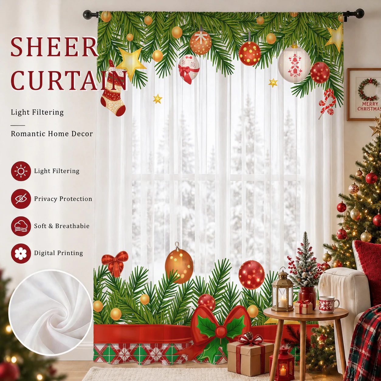 Home Office With Plants - Christmas Day Gradient Sheer Curtain, Good
