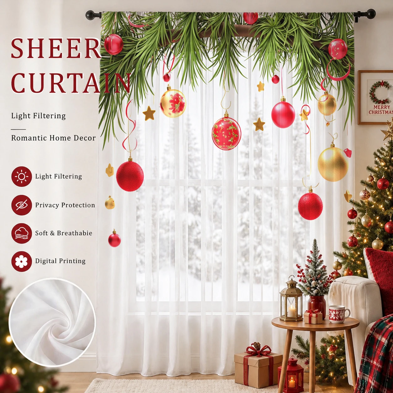 Home Office With Plants - Christmas Gradient Sheer Curtain, Good Quality
