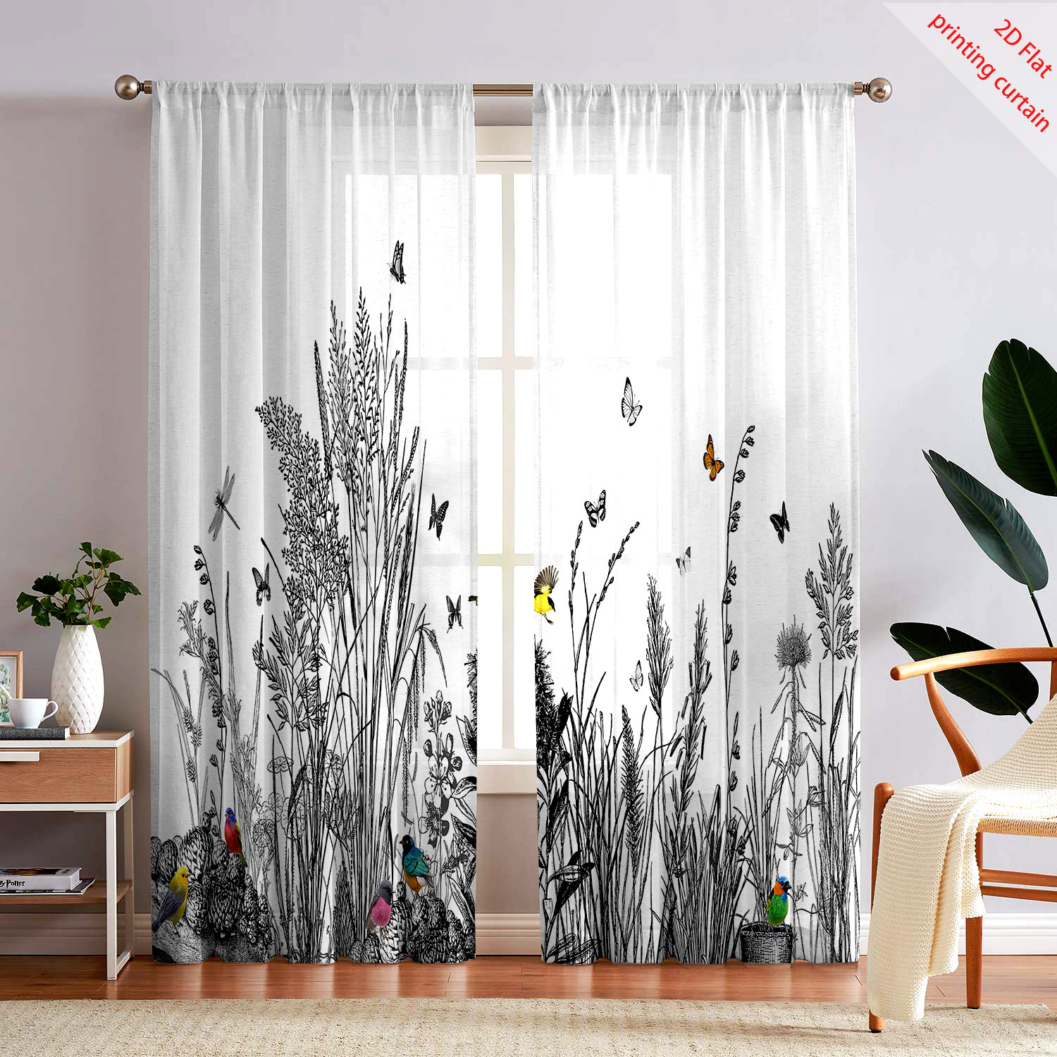 Home Office With Plants - Plant Printed Transparent Screen Curtain Home