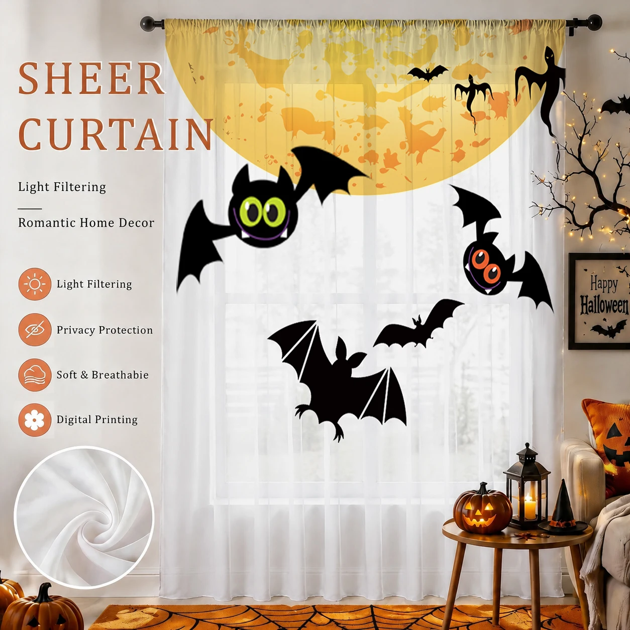 Home Office With Plants - Halloween Day Gradient Sheer Curtain, Good