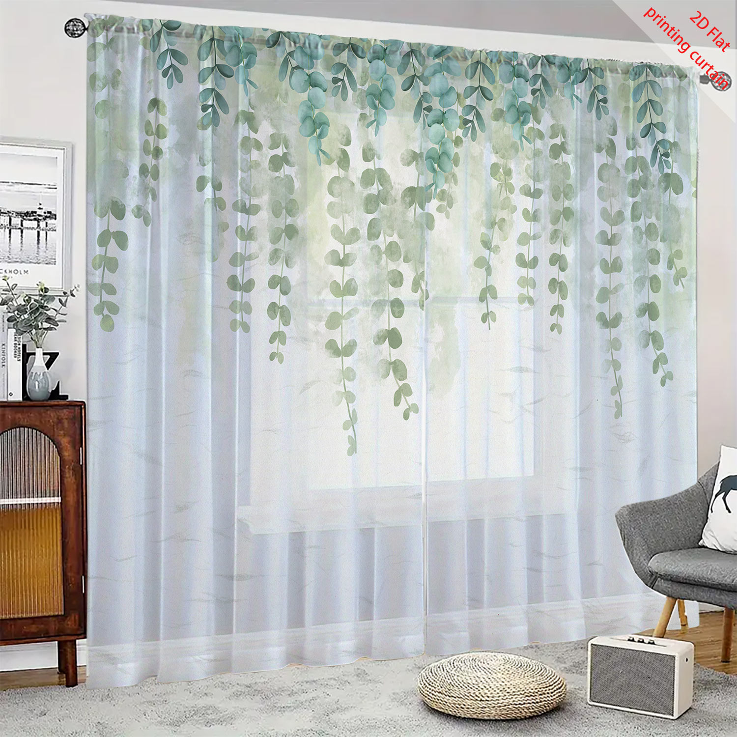Printed transparent gauze curt - Home Office With Plants recension och pris