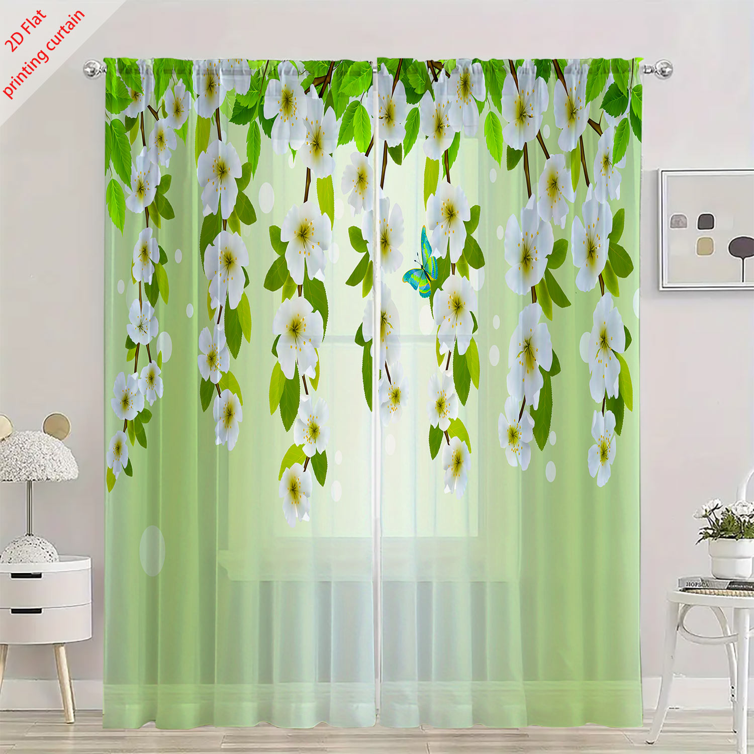 Printed transparent gauze curt - Home Office With Plants recension och pris