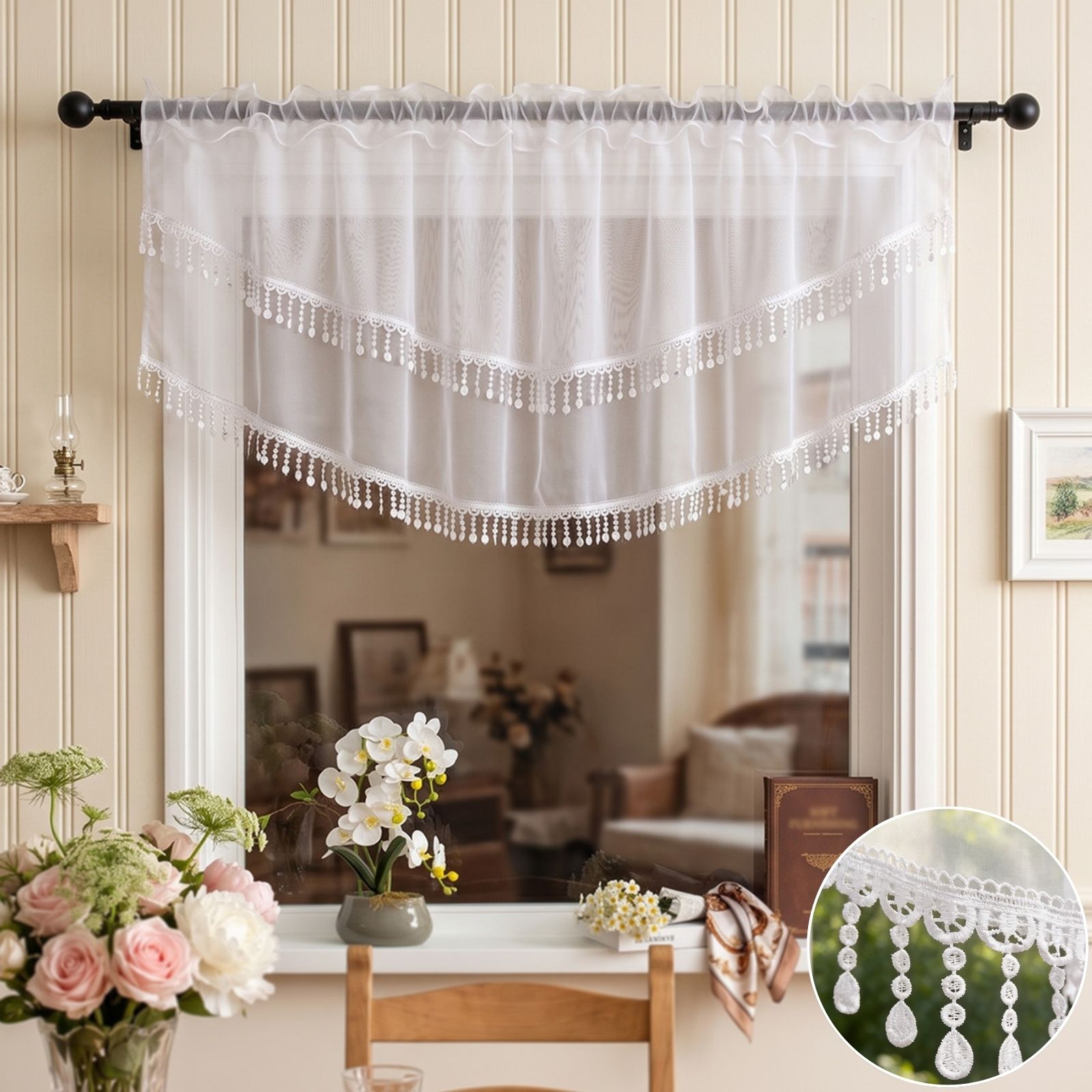 2PCS White Lace Beaded Tassel  - Home Office Rate recension och pris